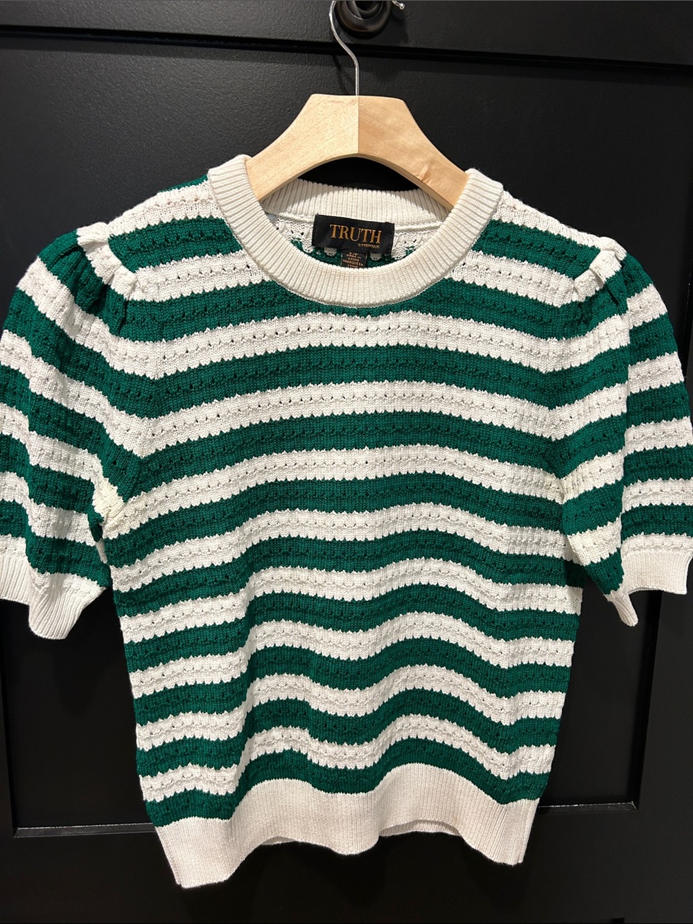 TRUTH Green & White Striped Knit Puff Sleeve Top